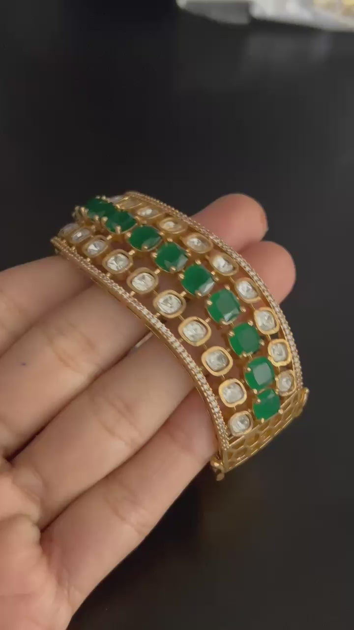 Emerald Elegance Openable Bangle with CZ Diamonds – Gold Finish (Size 2.4 & 2.6)